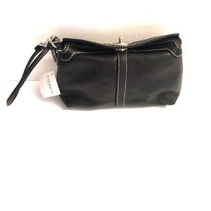 Coach Black Leather Wristlet Clutch with Contrast Stitching